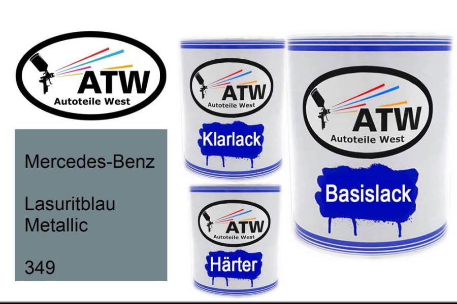 Mercedes-Benz, Lasuritblau Metallic, 349: 1L Lackdose + 1L Klarlack + 500ml Härter - Set, von ATW Autoteile West.